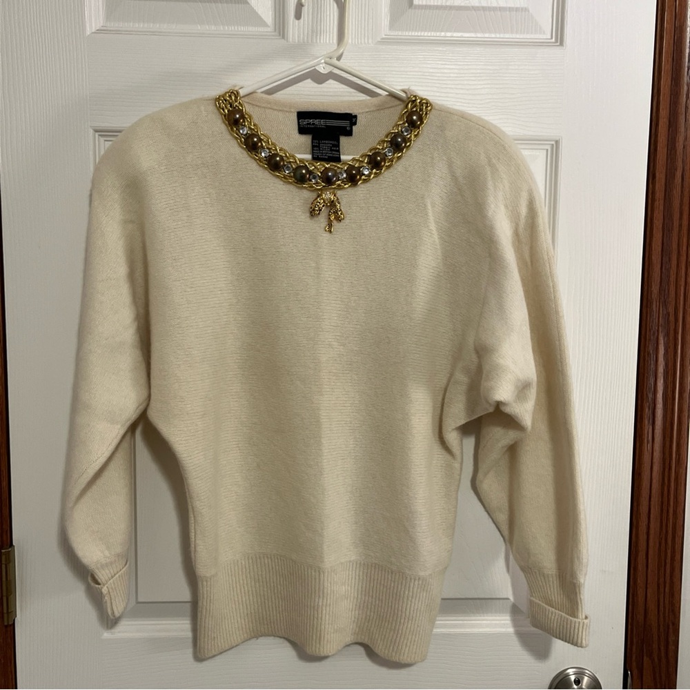 Vintage 80s Spree International Ivory Sweater w/ Jeweled & Leopard Collar, Med